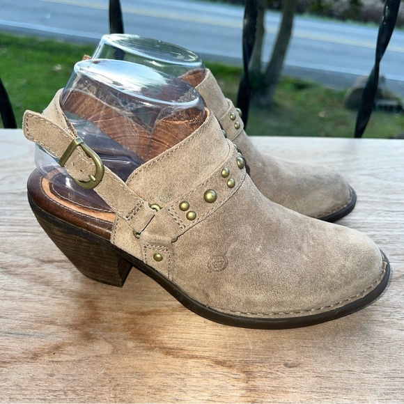 Born Slingback Mules Womens 7 Suede Leather Studded Taupe Harness Buckle… - Picture 6 of 11
